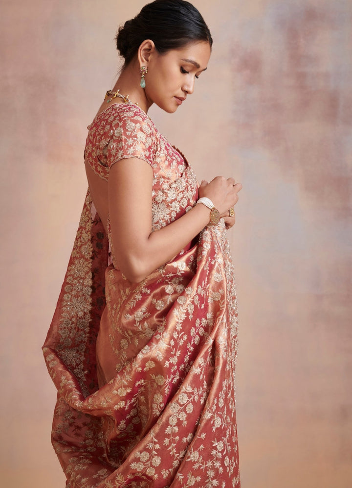 Rust Gold tissue saree With Embroidered blouse Suhino - Fabilicious Fashion