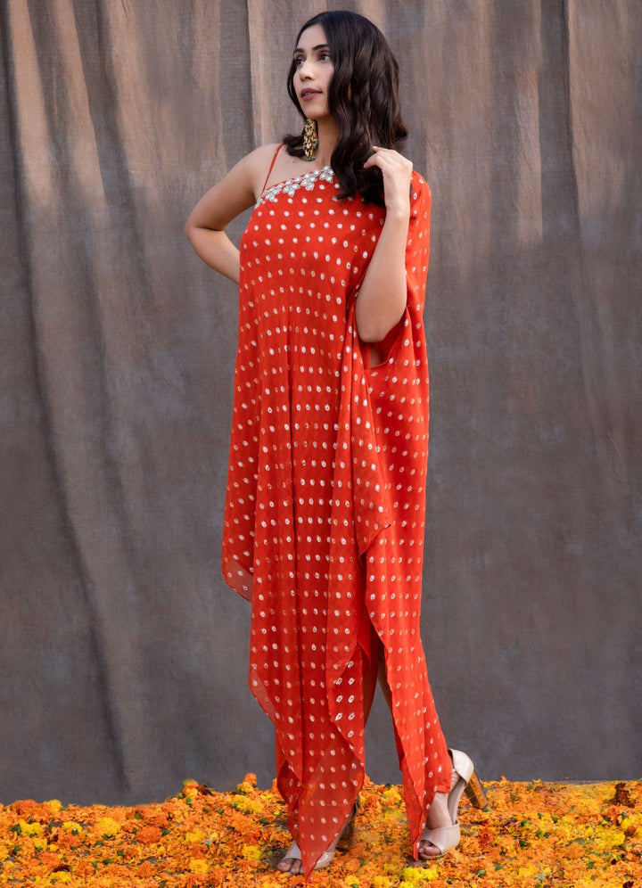 Rust Orange 1-Shoulder Tunic Set Silky Bindra - Fabilicious Fashion