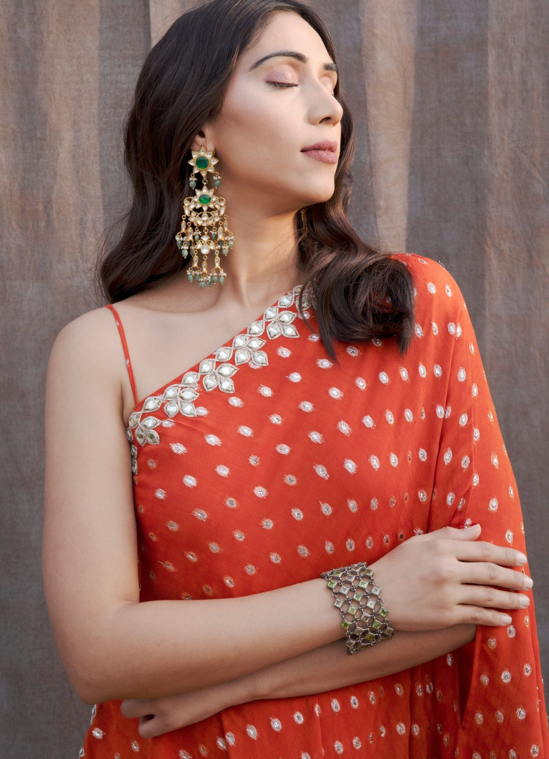 Rust Orange 1-Shoulder Tunic Set Silky Bindra - Fabilicious Fashion