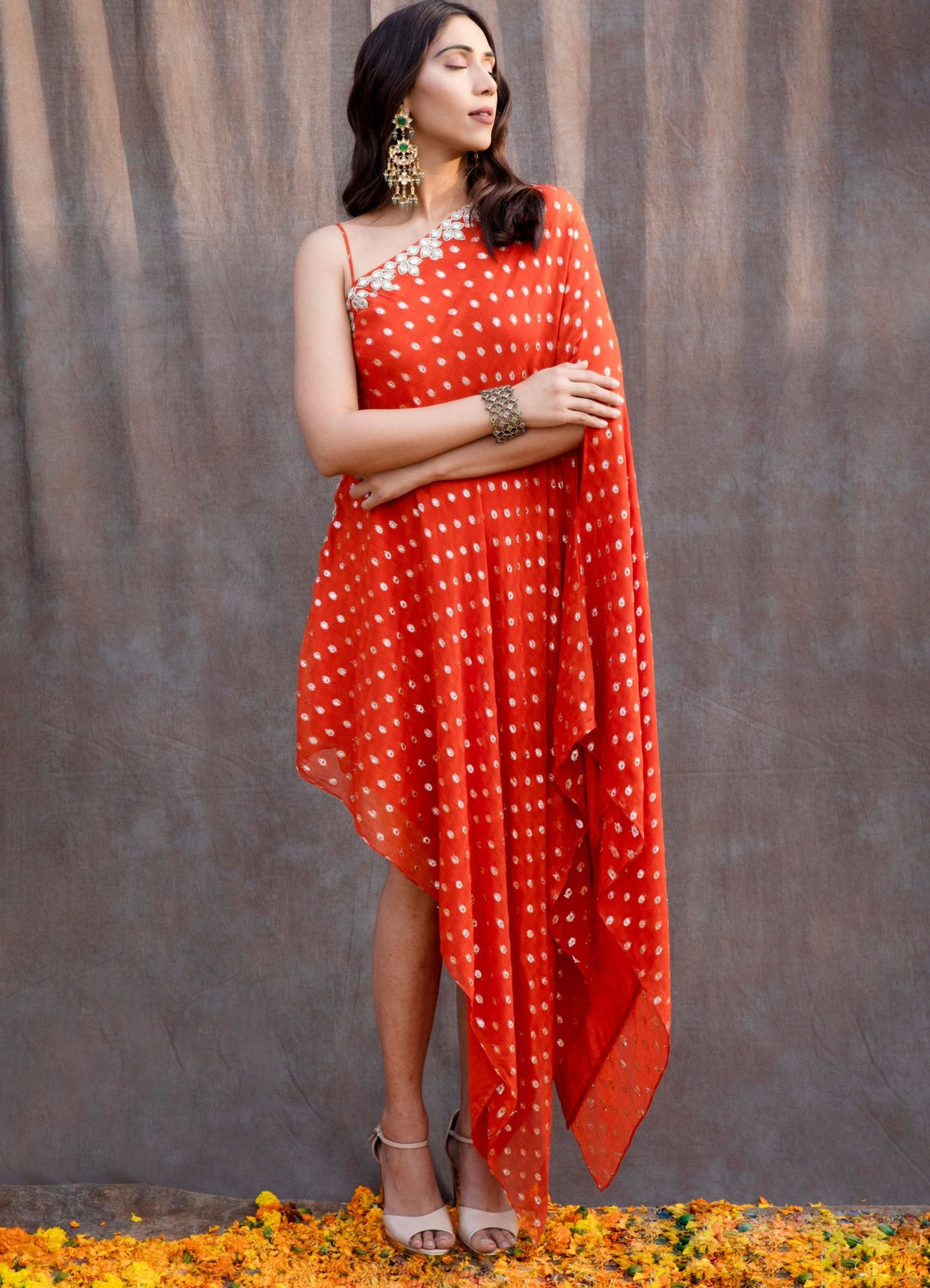 Rust Orange 1-Shoulder Tunic Set Silky Bindra - Fabilicious Fashion