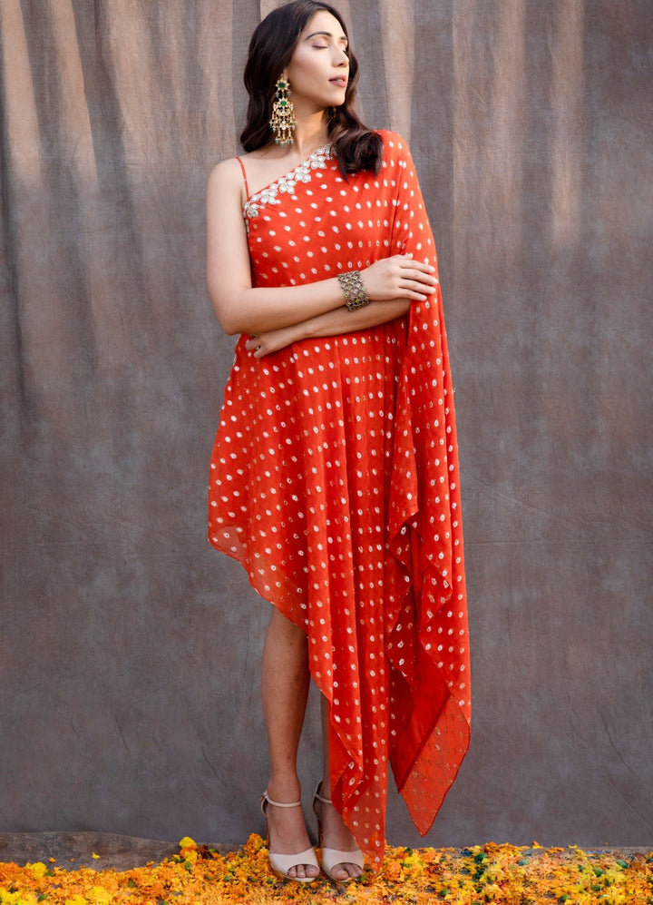 Rust Orange 1-Shoulder Tunic Set Silky Bindra - Fabilicious Fashion