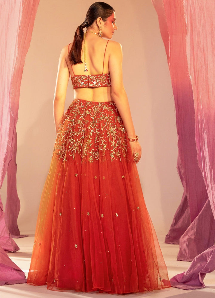 Rust Orange Embroidered Bustier Lehenga And Embroidered Dupatta Set Silky Bindra - Fabilicious Fashion