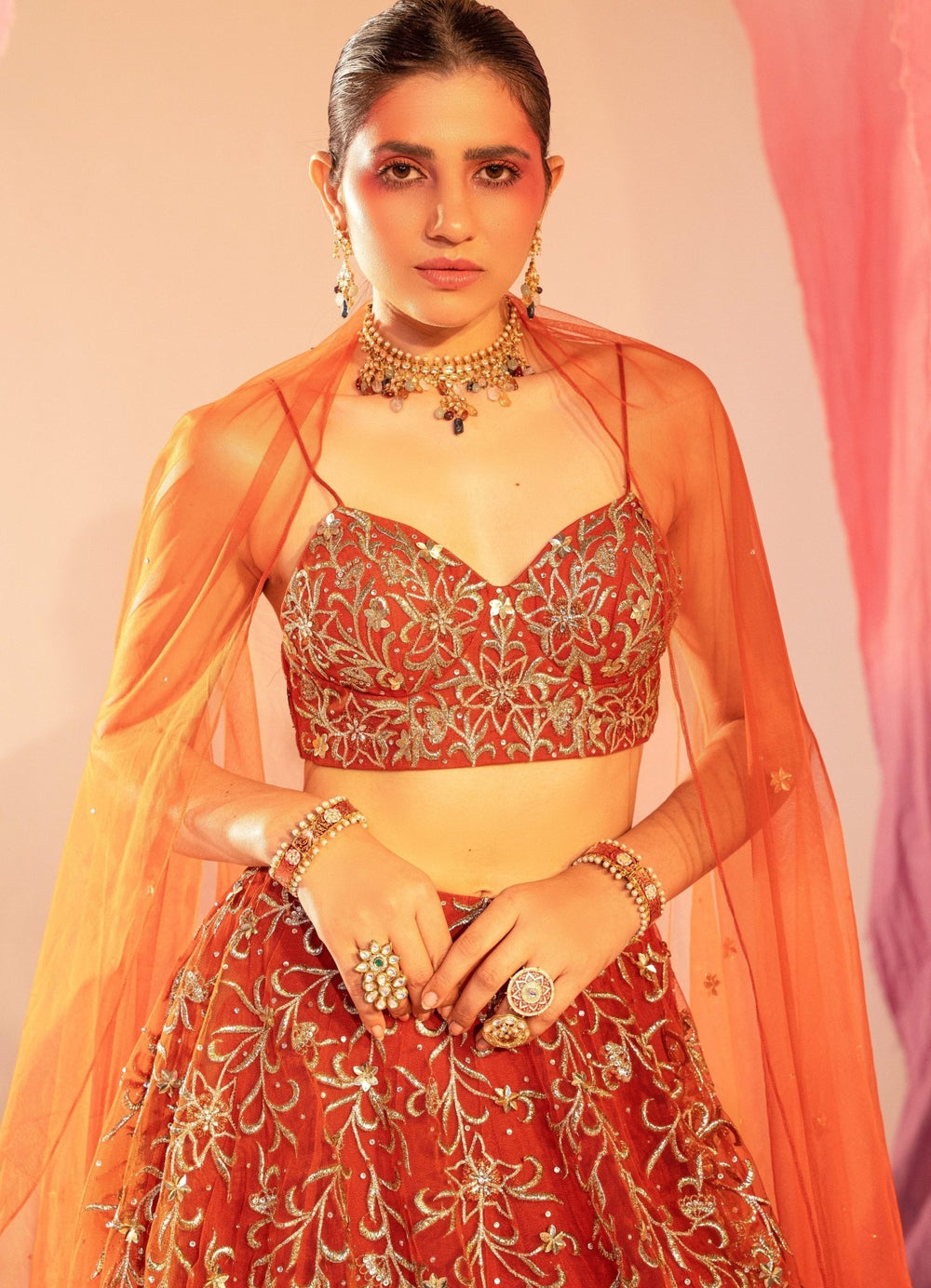 Rust Orange Embroidered Bustier Lehenga And Embroidered Dupatta Set Silky Bindra - Fabilicious Fashion