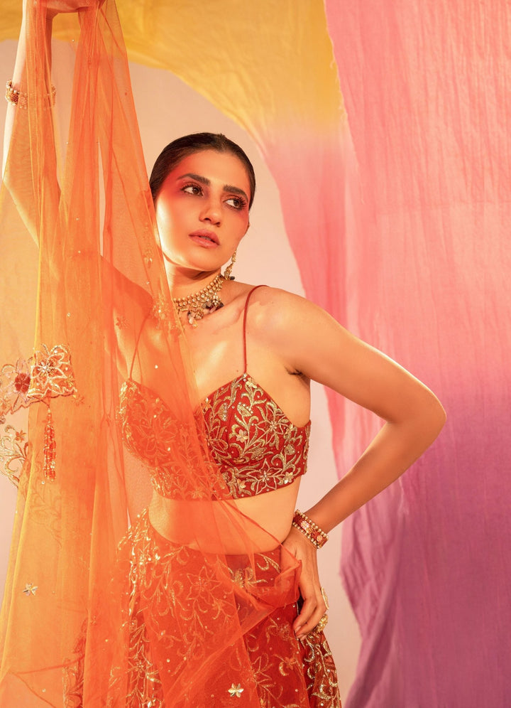 Rust Orange Embroidered Bustier Lehenga And Embroidered Dupatta Set Silky Bindra - Fabilicious Fashion