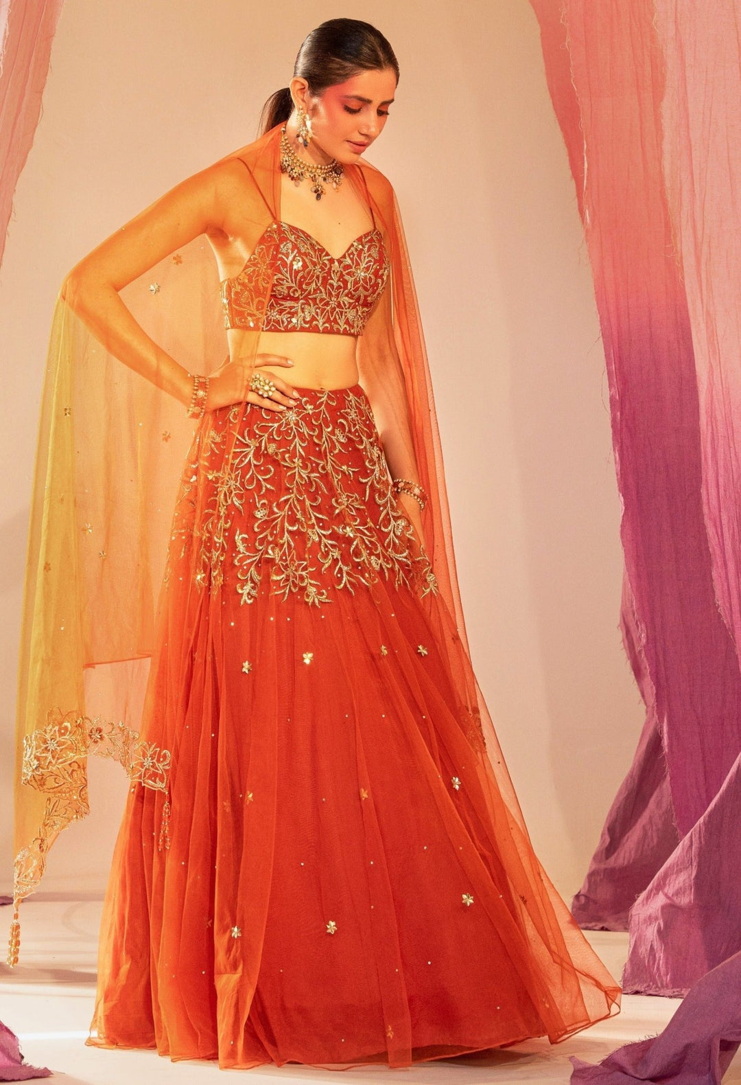 Rust Orange Embroidered Bustier Lehenga And Embroidered Dupatta Set Silky Bindra - Fabilicious Fashion