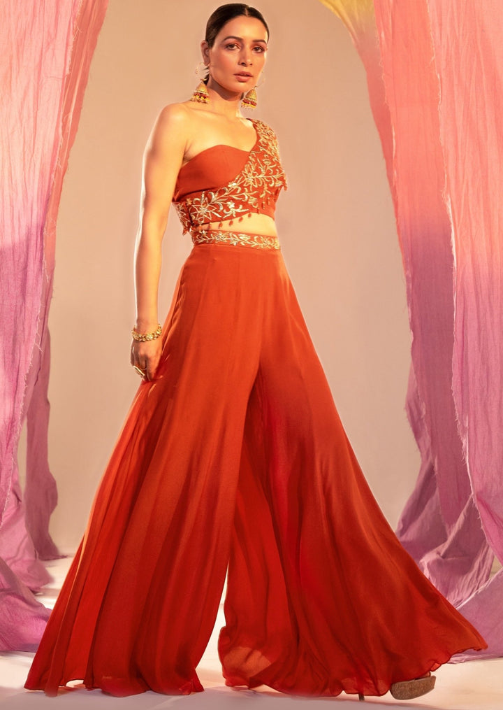 Rust Orange Embroidered One-Shoulder Tube Blouse With Palazzo Set Silky Bindra - Fabilicious Fashion