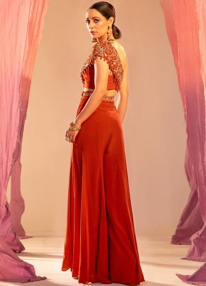 Rust Orange Embroidered One-Shoulder Tube Blouse With Palazzo Set Silky Bindra - Fabilicious Fashion