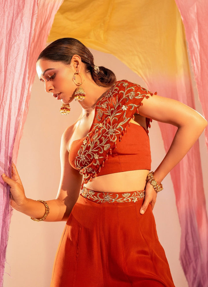 Rust Orange Embroidered One-Shoulder Tube Blouse With Palazzo Set Silky Bindra - Fabilicious Fashion