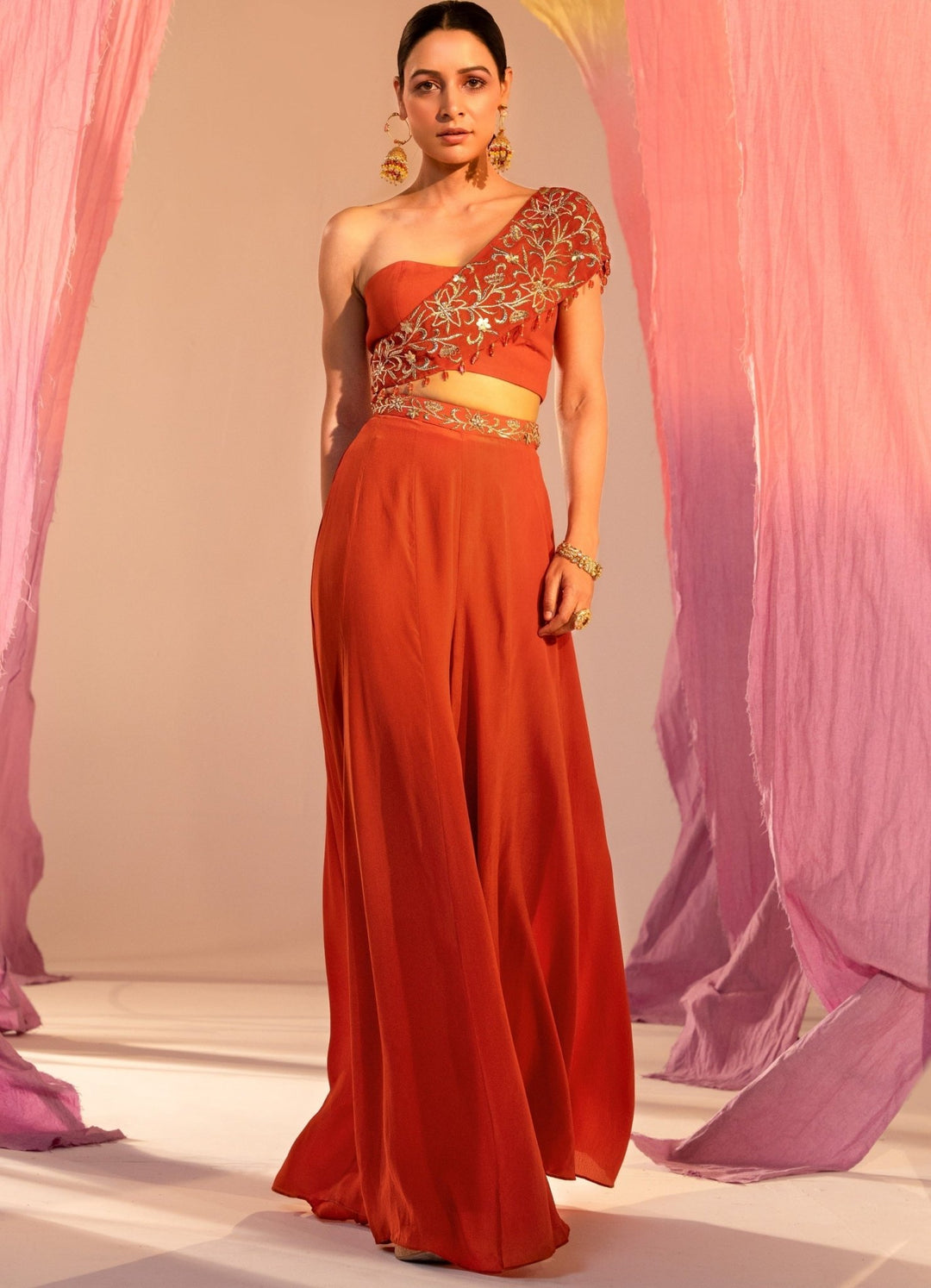 Rust Orange Embroidered One-Shoulder Tube Blouse With Palazzo Set Silky Bindra - Fabilicious Fashion