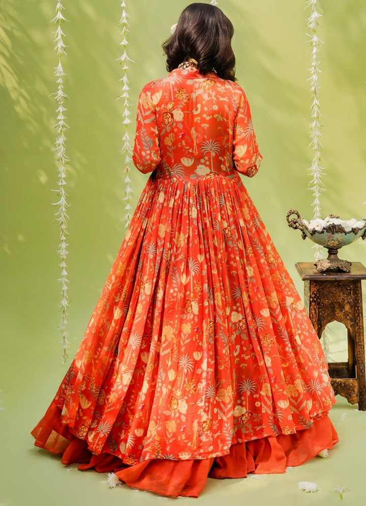 Rust Orange Georgette Lehenga Set With Printed Blouse And Jacket Redpine - Fabilicious Fashion