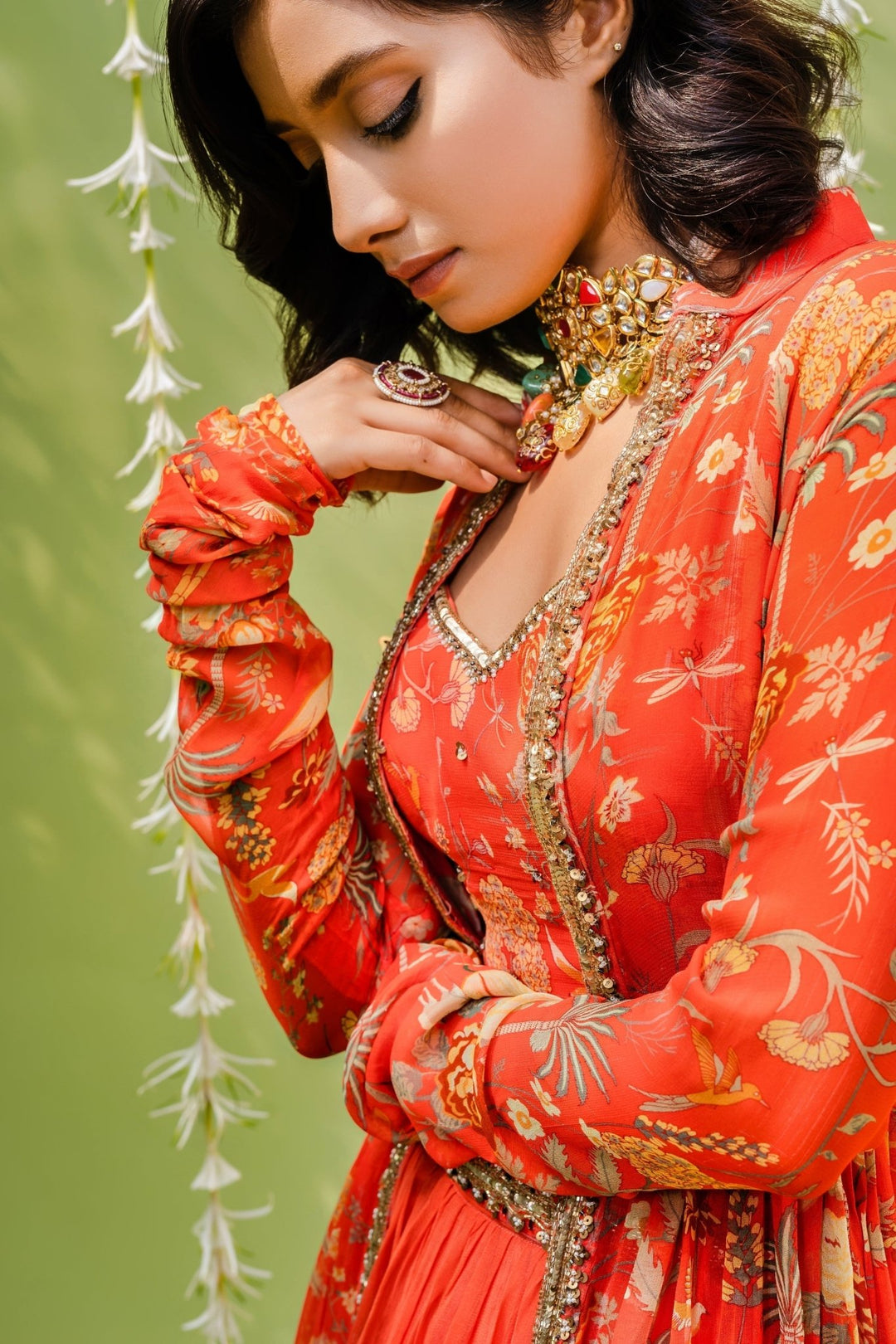 Rust Orange Georgette Lehenga Set With Printed Blouse And Jacket Redpine - Fabilicious Fashion