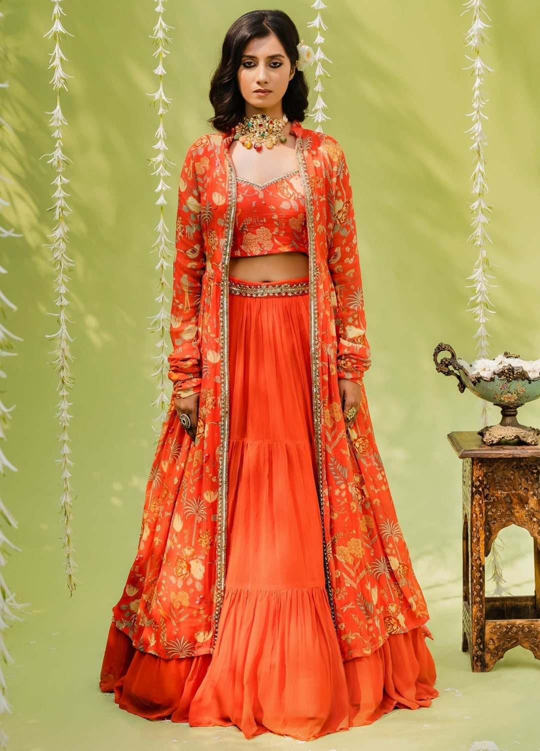 Rust Orange Georgette Lehenga Set With Printed Blouse And Jacket Redpine - Fabilicious Fashion