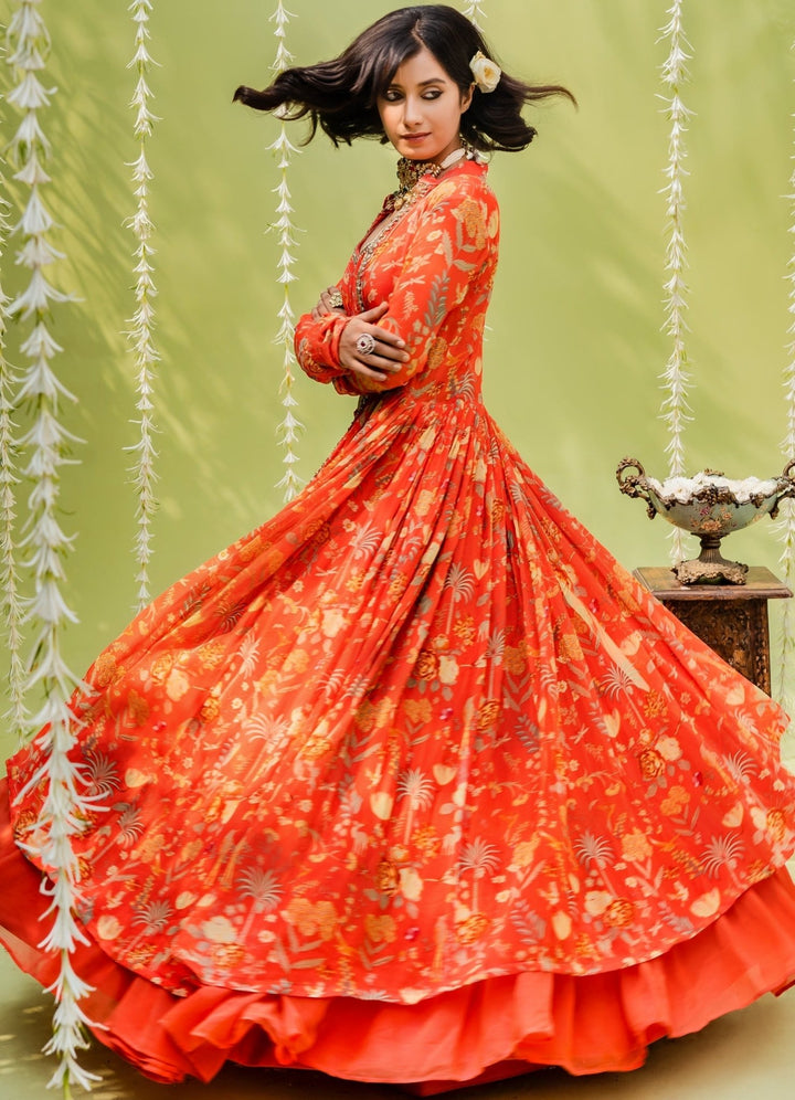Rust Orange Georgette Lehenga Set With Printed Blouse And Jacket Redpine - Fabilicious Fashion