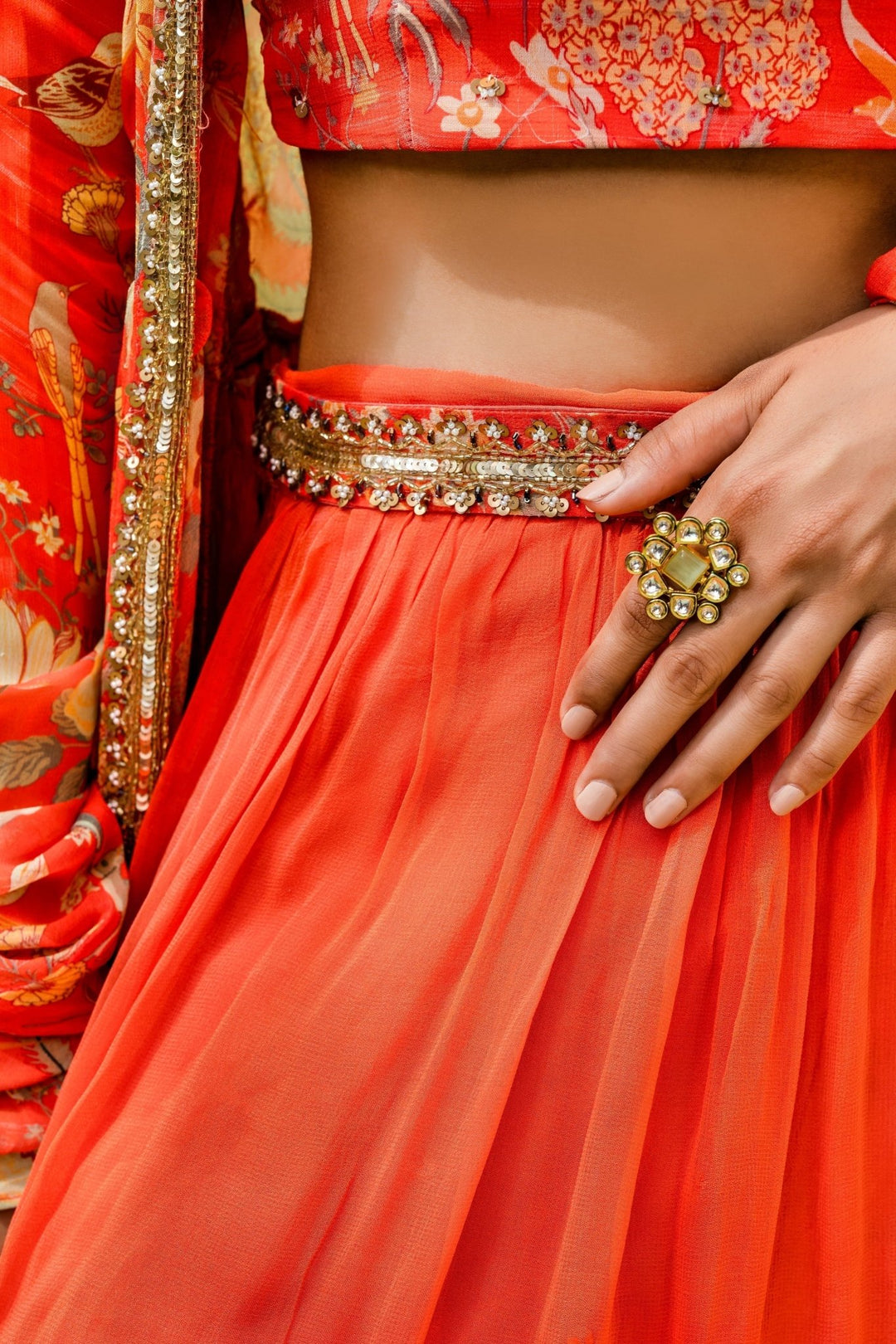 Rust Orange Georgette Lehenga Set With Printed Blouse And Jacket Redpine - Fabilicious Fashion