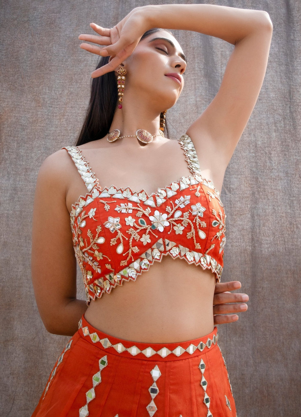 Rust Orange Mirror Organza Lehenga Set Silky Bindra - Fabilicious Fashion