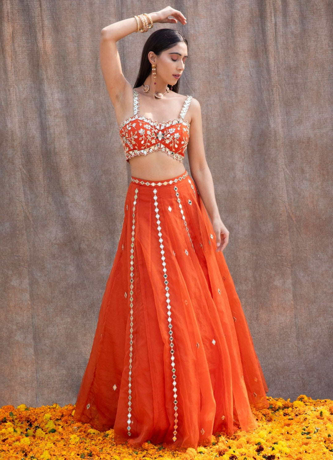 Rust Orange Mirror Organza Lehenga Set Silky Bindra - Fabilicious Fashion