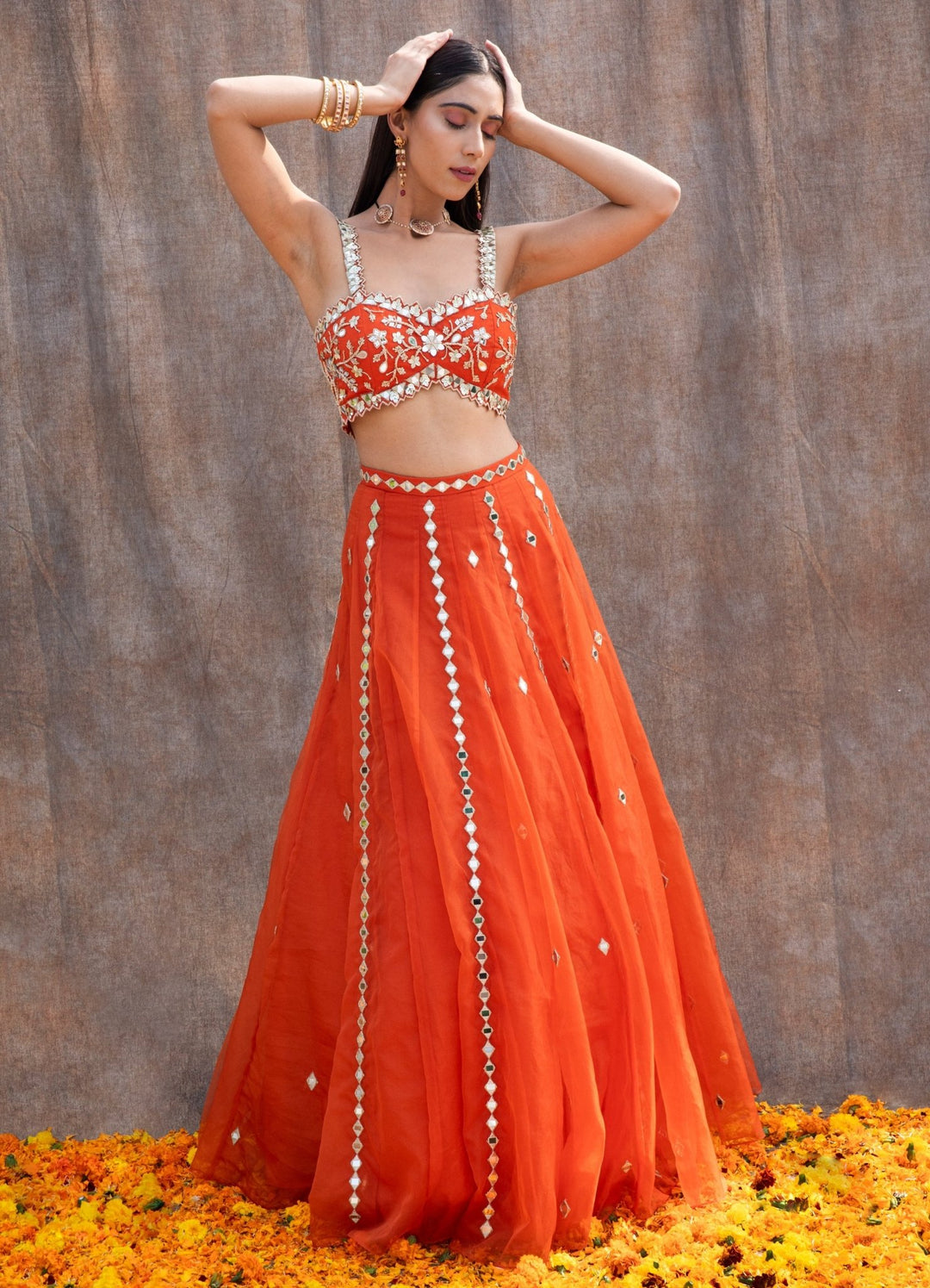 Rust Orange Mirror Organza Lehenga Set Silky Bindra - Fabilicious Fashion