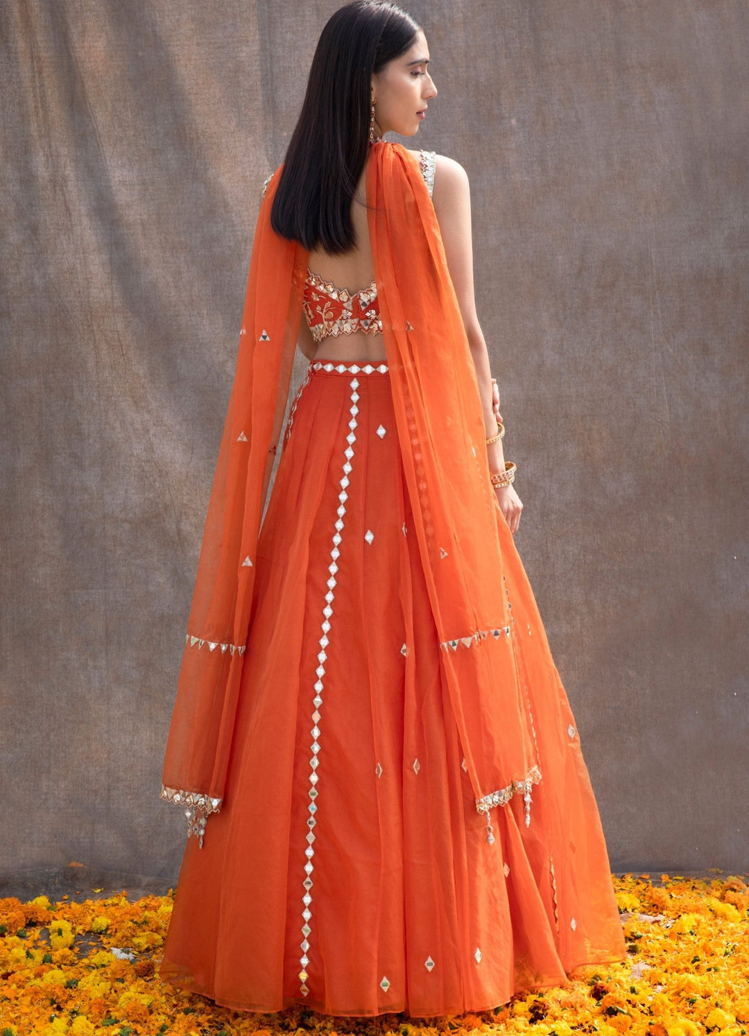 Rust Orange Mirror Organza Lehenga Set Silky Bindra - Fabilicious Fashion