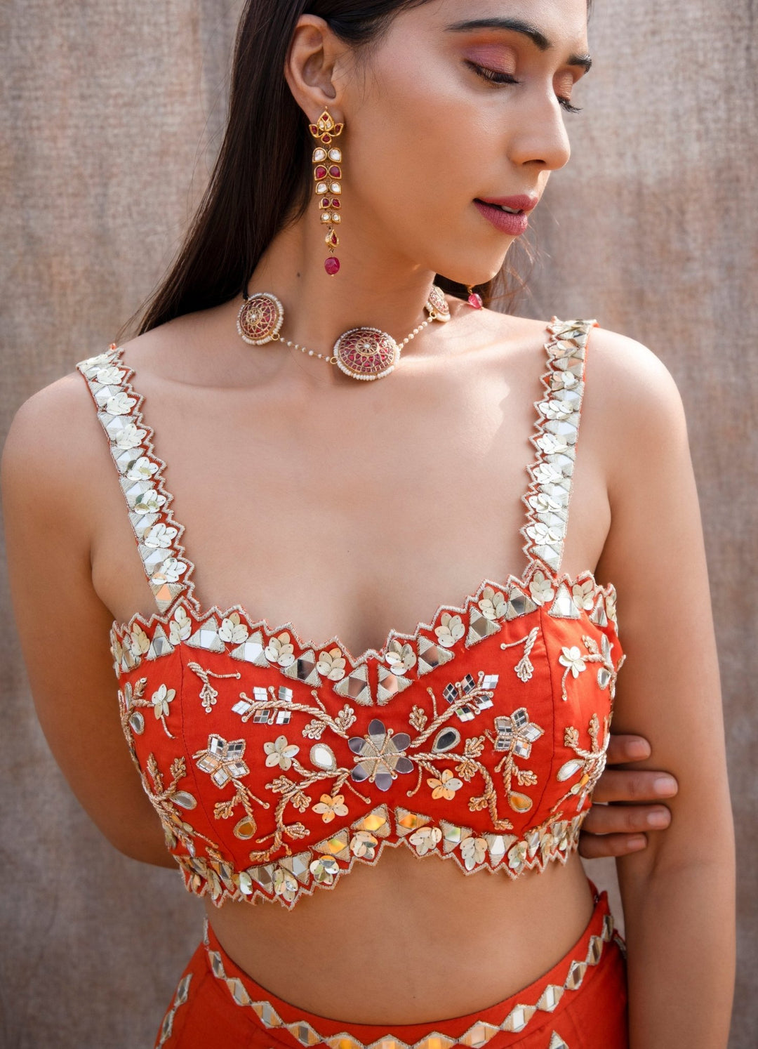 Rust Orange Mirror Organza Lehenga Set Silky Bindra - Fabilicious Fashion