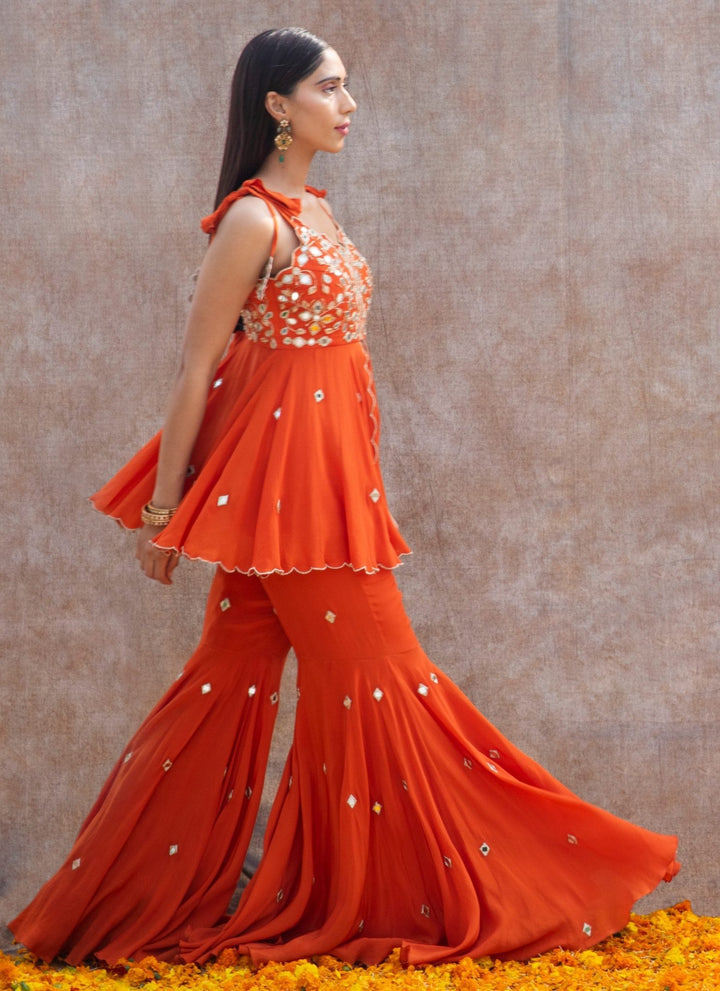 Rust Orange Mirror Peplum Set Silky Bindra - Fabilicious Fashion
