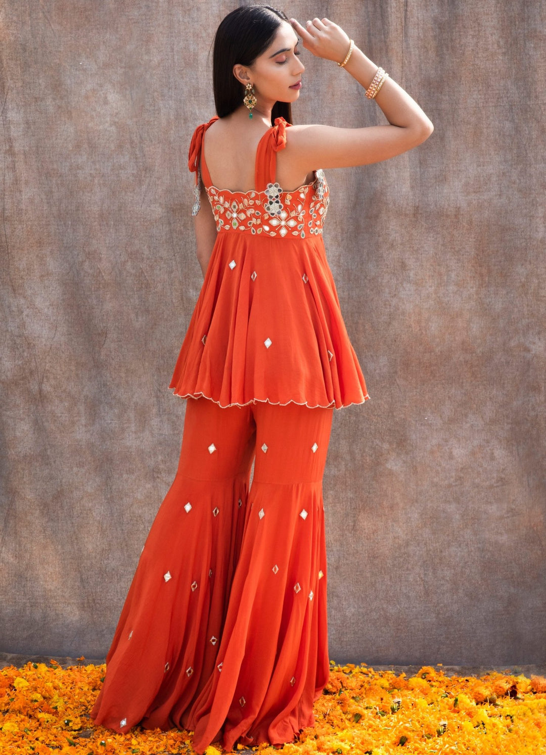 Rust Orange Mirror Peplum Set Silky Bindra - Fabilicious Fashion