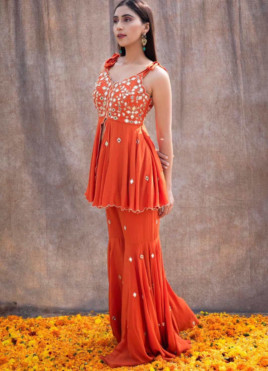 Rust Orange Mirror Peplum Set Silky Bindra - Fabilicious Fashion