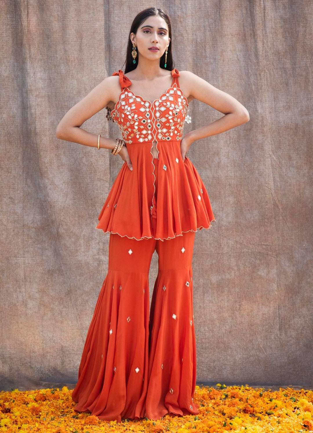 orange indo western dresses Coral Indo Western Dress: Chinon Silk Embroidered Top & Plazzo