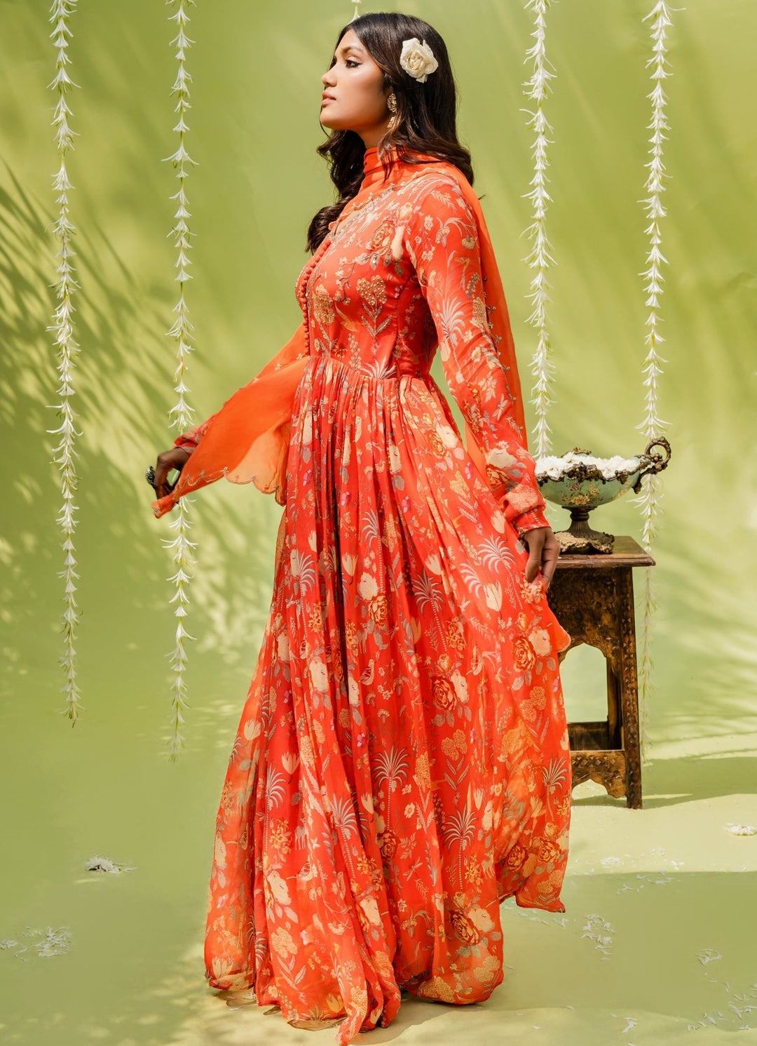 Rust Orange Printed Embellished Georgette Anarkali Set Redpine - Fabilicious Fashion