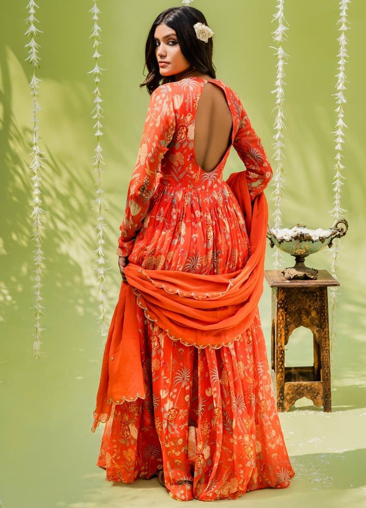 Rust Orange Printed Embellished Georgette Anarkali Set Redpine - Fabilicious Fashion