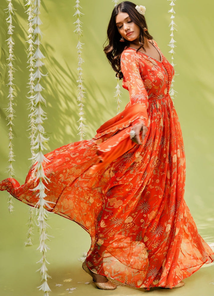 Rust Orange Printed Embellished Georgette Anarkali Set Redpine - Fabilicious Fashion