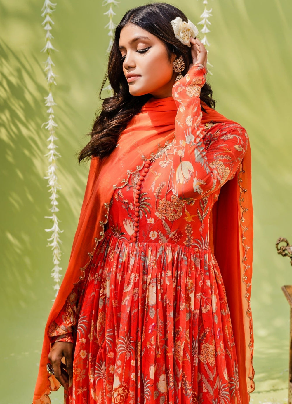 Rust Orange Printed Embellished Georgette Anarkali Set Redpine - Fabilicious Fashion