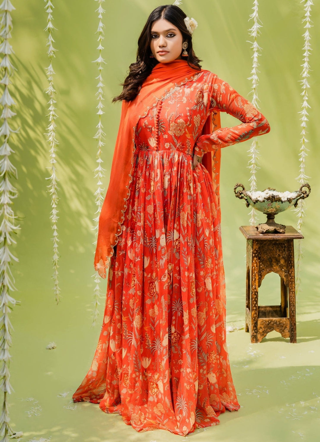 Rust Orange Printed Embellished Georgette Anarkali Set Redpine - Fabilicious Fashion