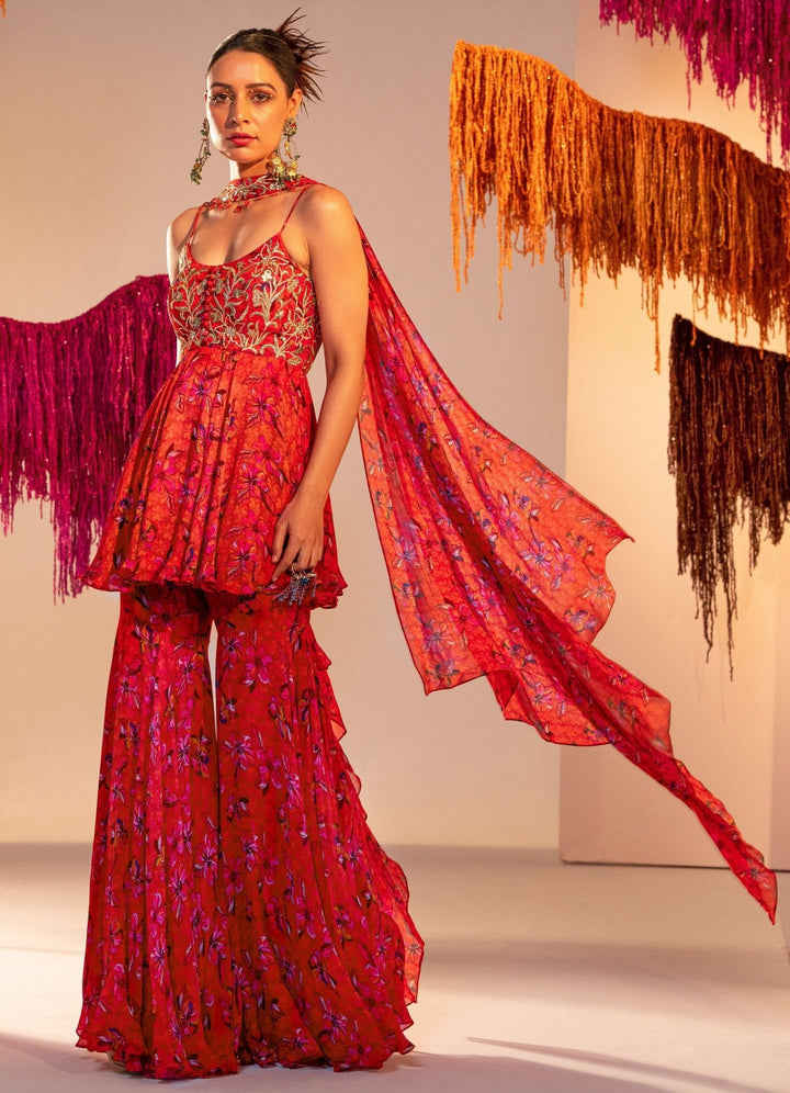 Rust Orange Printed Embroiderd Peplum And Gharara With Choker Dupatta Silky Bindra - Fabilicious Fashion