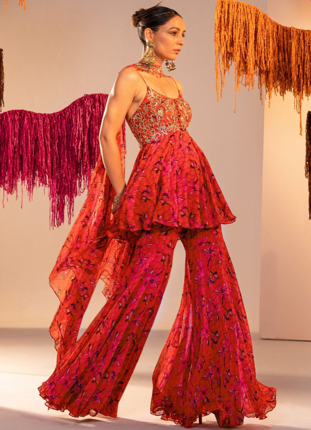 Rust Orange Printed Embroiderd Peplum And Gharara With Choker Dupatta Silky Bindra - Fabilicious Fashion