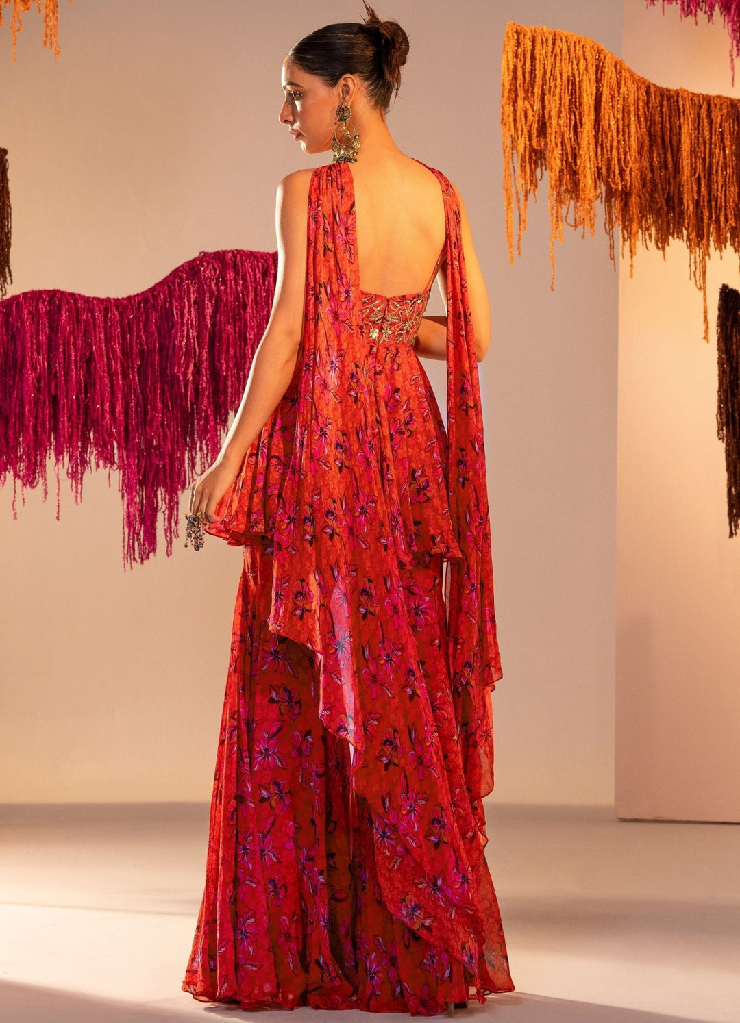 Rust Orange Printed Embroiderd Peplum And Gharara With Choker Dupatta Silky Bindra - Fabilicious Fashion