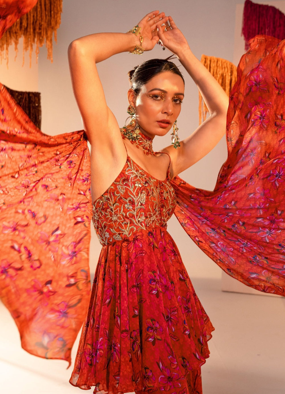 Rust Orange Printed Embroiderd Peplum And Gharara With Choker Dupatta Silky Bindra - Fabilicious Fashion