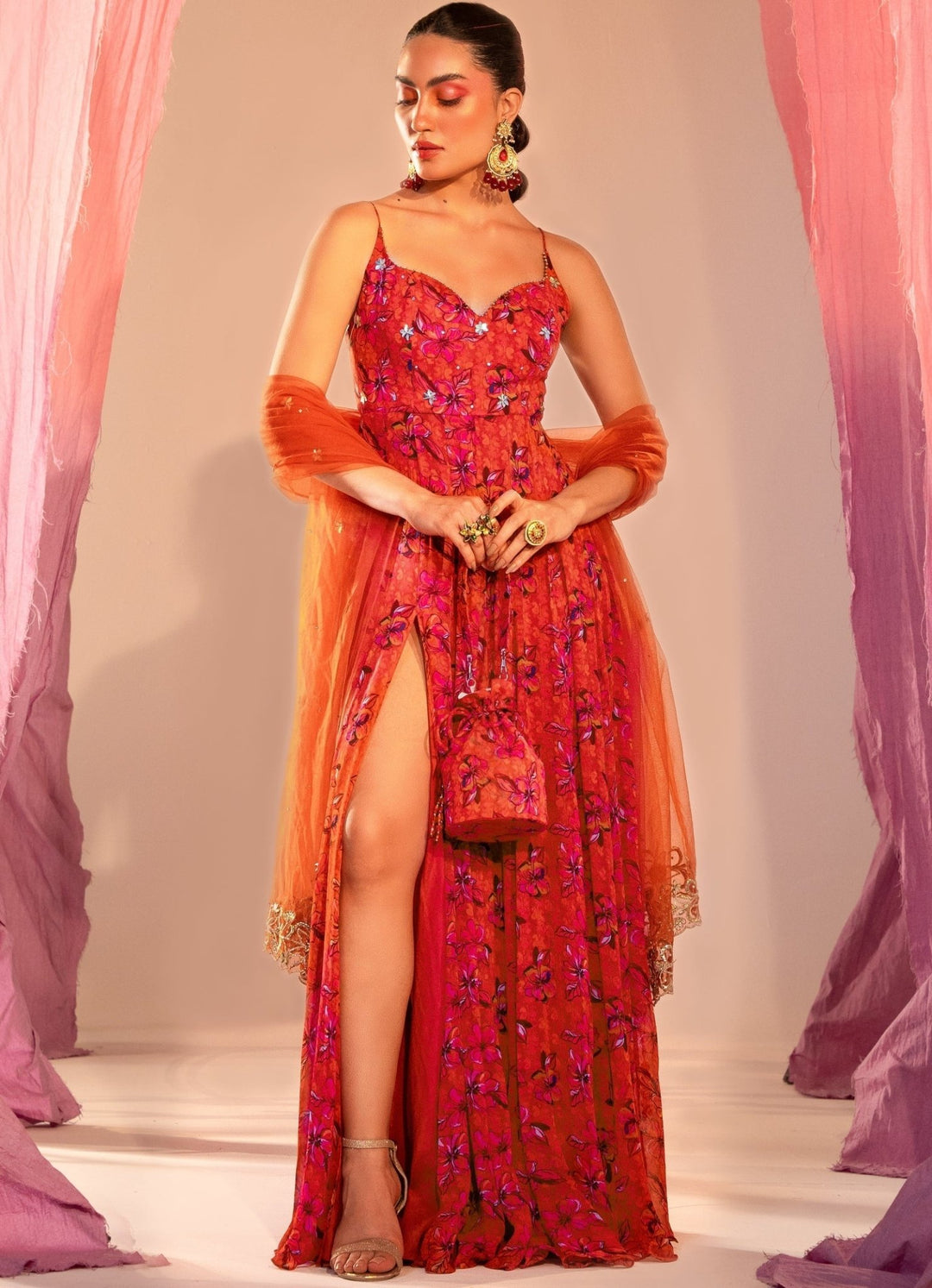 Rust Orange Printed High Slit Anarkali With Embroidered Dupatta Set Silky Bindra - Fabilicious Fashion