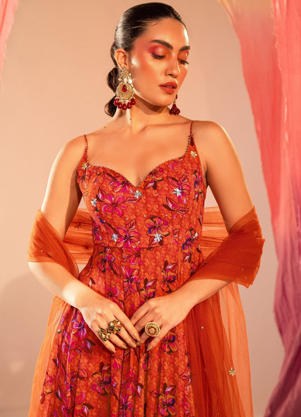 Rust Orange Printed High Slit Anarkali With Embroidered Dupatta Set Silky Bindra - Fabilicious Fashion