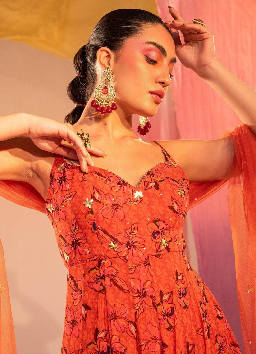 Rust Orange Printed High Slit Anarkali With Embroidered Dupatta Set Silky Bindra - Fabilicious Fashion