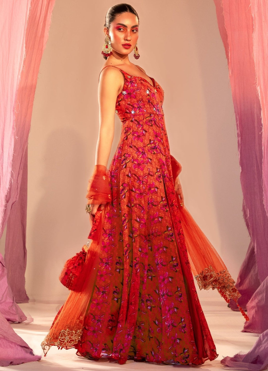 Rust Orange Printed High Slit Anarkali With Embroidered Dupatta Set Silky Bindra - Fabilicious Fashion