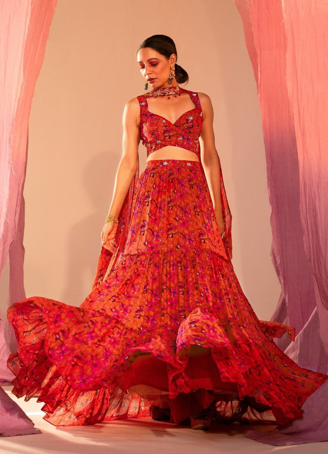 Rust Orange Printed Wrap Around Blouse And 3 Tiered Lehenga With Choker Dupatta Silky Bindra - Fabilicious Fashion