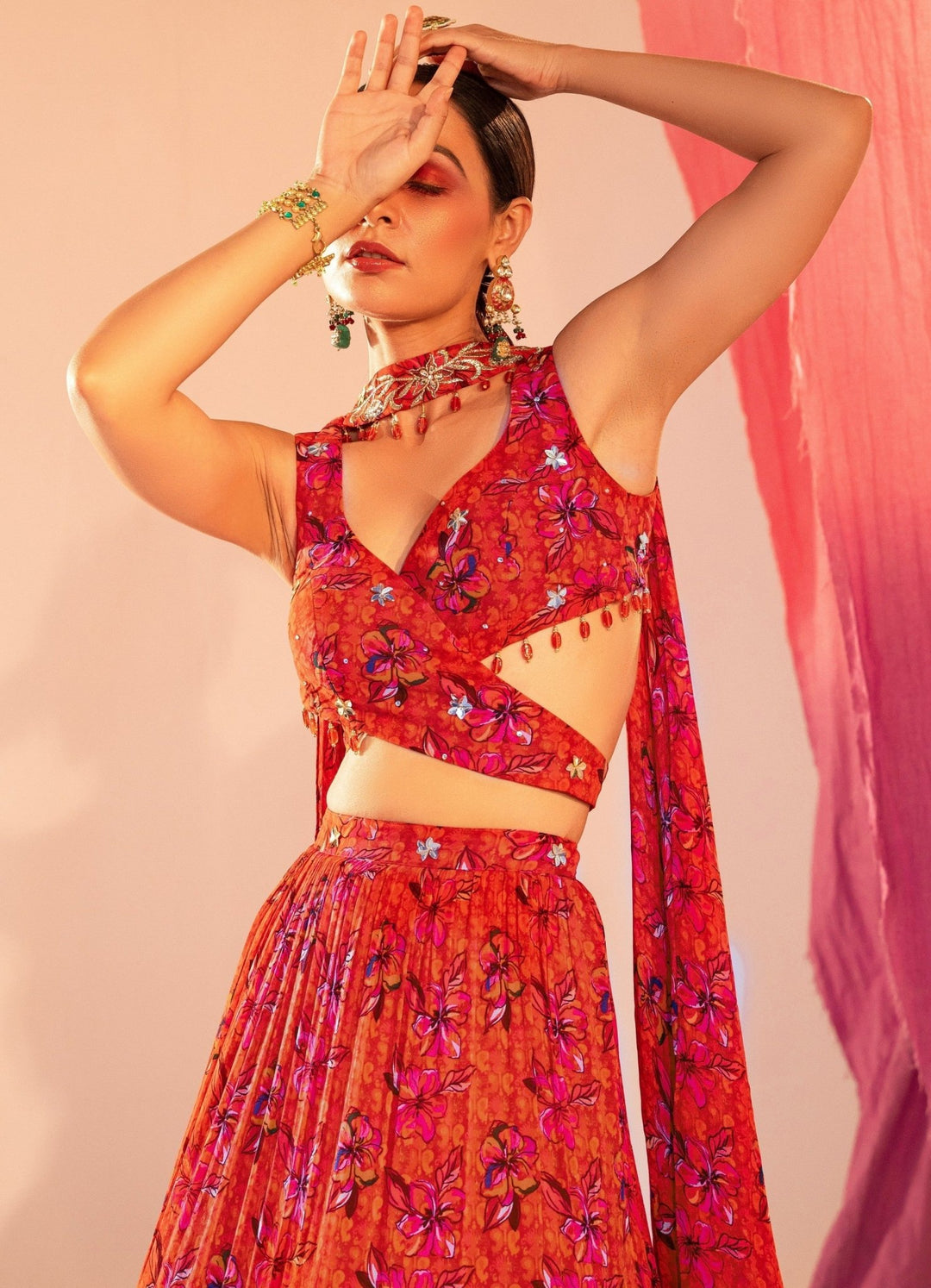 Rust Orange Printed Wrap Around Blouse And 3 Tiered Lehenga With Choker Dupatta Silky Bindra - Fabilicious Fashion