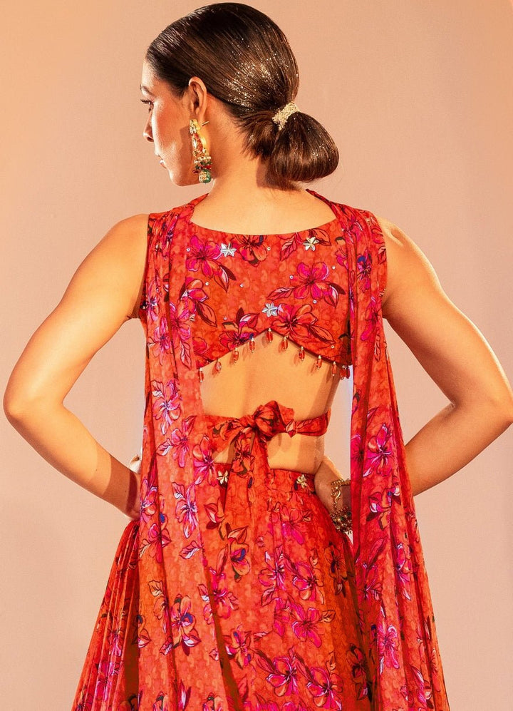 Rust Orange Printed Wrap Around Blouse And 3 Tiered Lehenga With Choker Dupatta Silky Bindra - Fabilicious Fashion