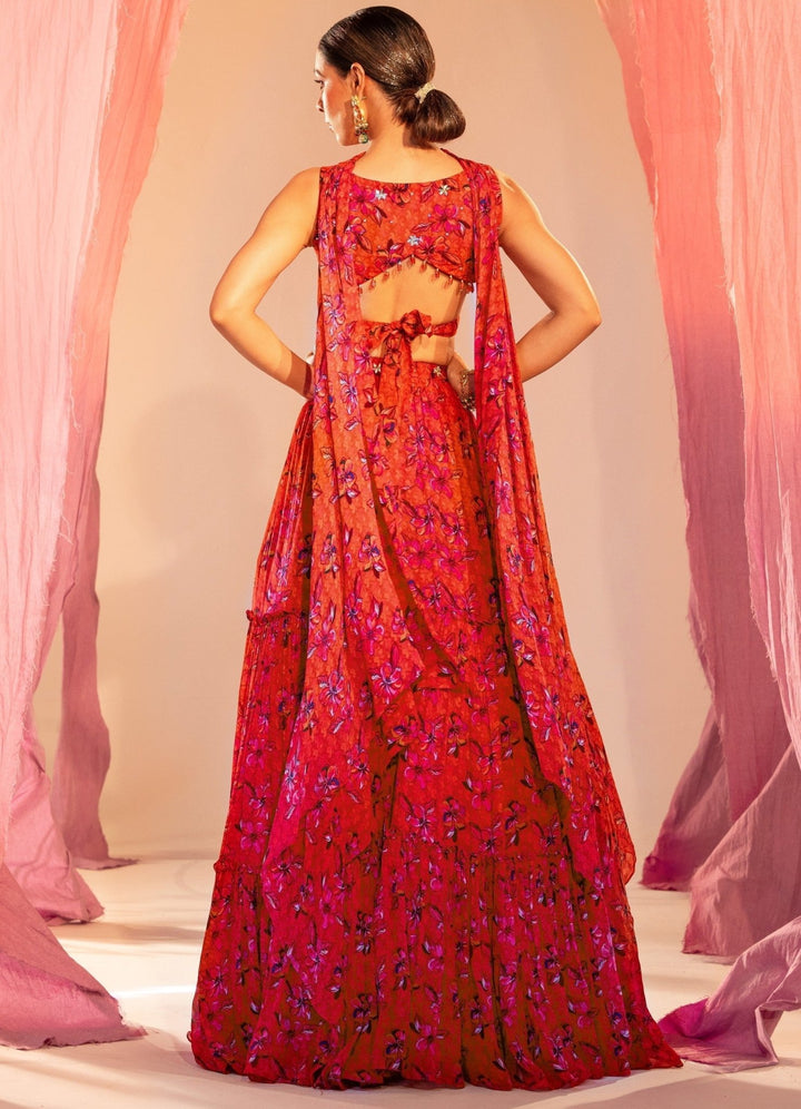Rust Orange Printed Wrap Around Blouse And 3 Tiered Lehenga With Choker Dupatta Silky Bindra - Fabilicious Fashion