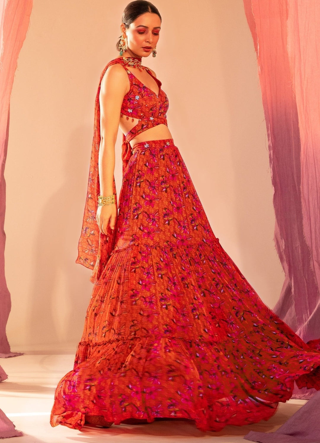 Rust Orange Printed Wrap Around Blouse And 3 Tiered Lehenga With Choker Dupatta Silky Bindra - Fabilicious Fashion