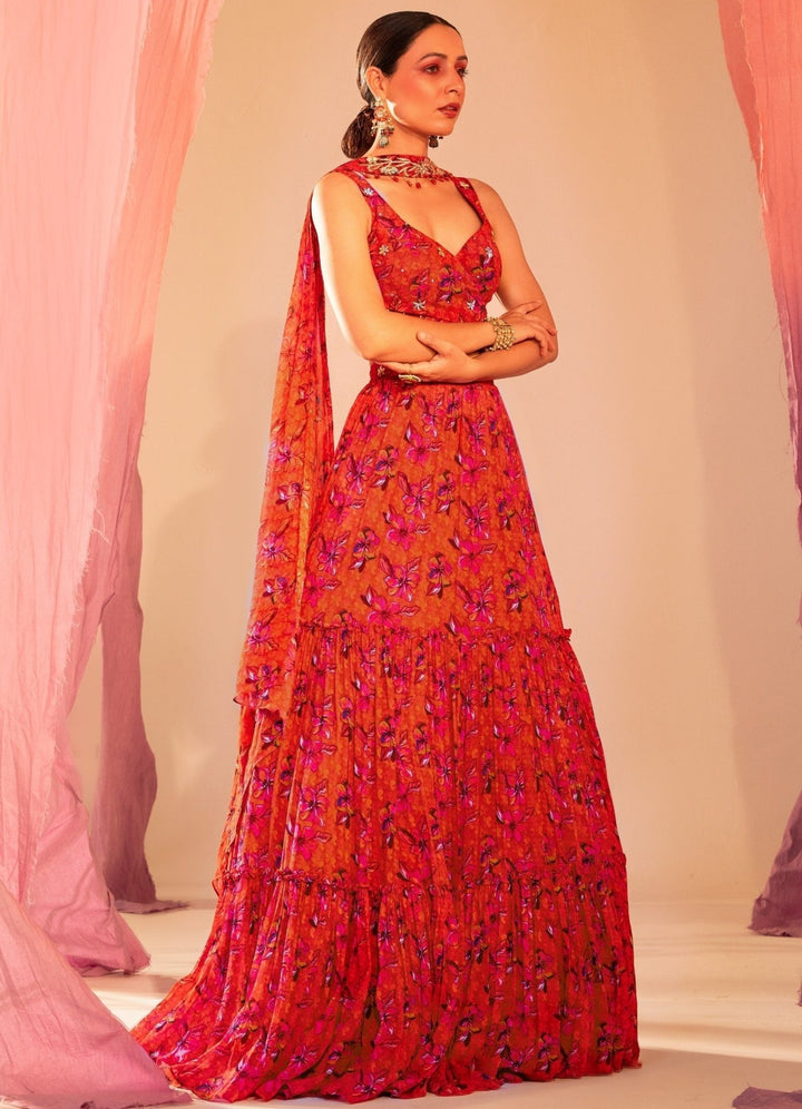 Rust Orange Printed Wrap Around Blouse And 3 Tiered Lehenga With Choker Dupatta Silky Bindra - Fabilicious Fashion