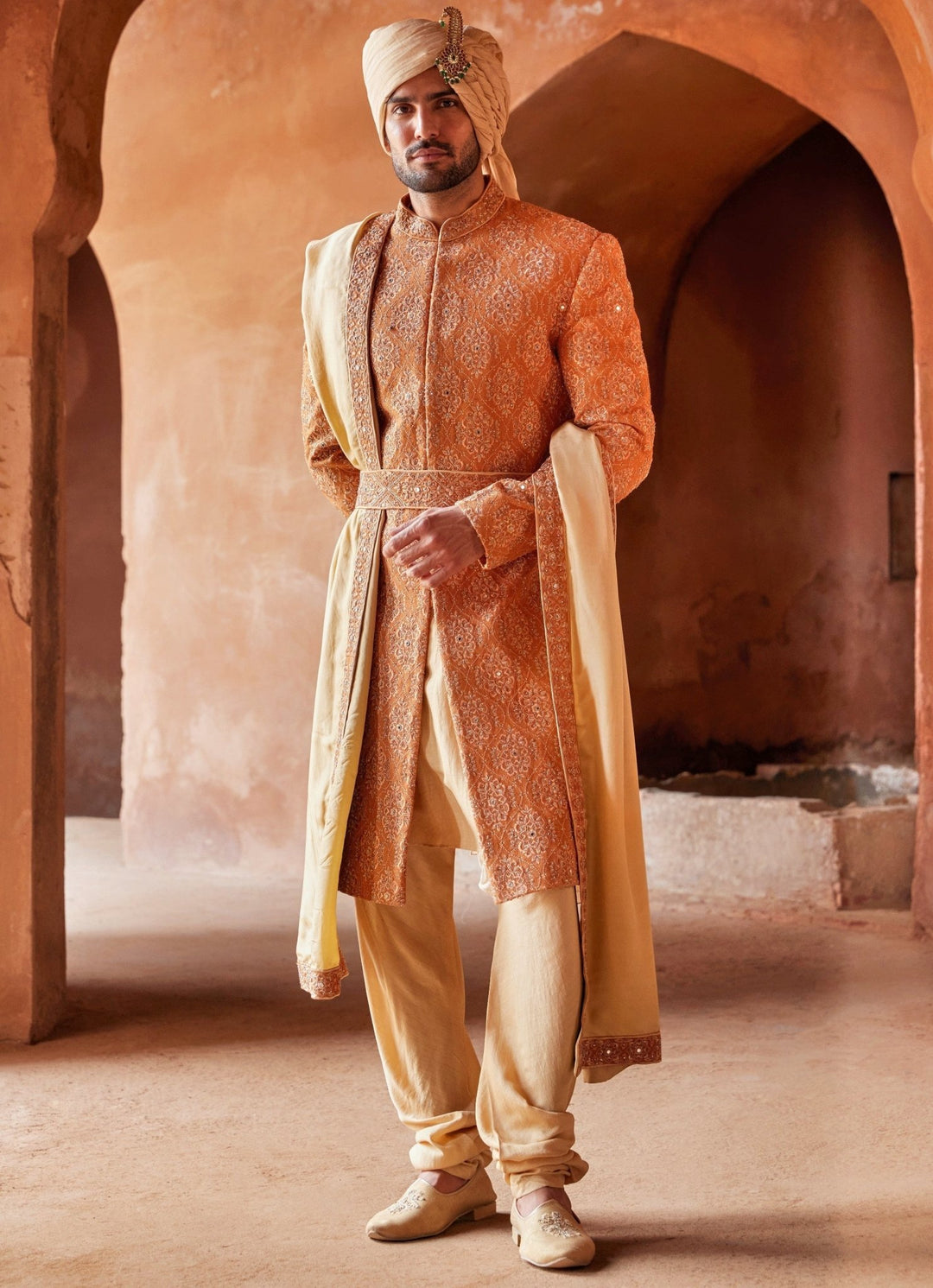Rust Red Front Cut Silk Sherwani WIth Beige Kurta Set Nitika Gujral - Men - Fabilicious Fashion