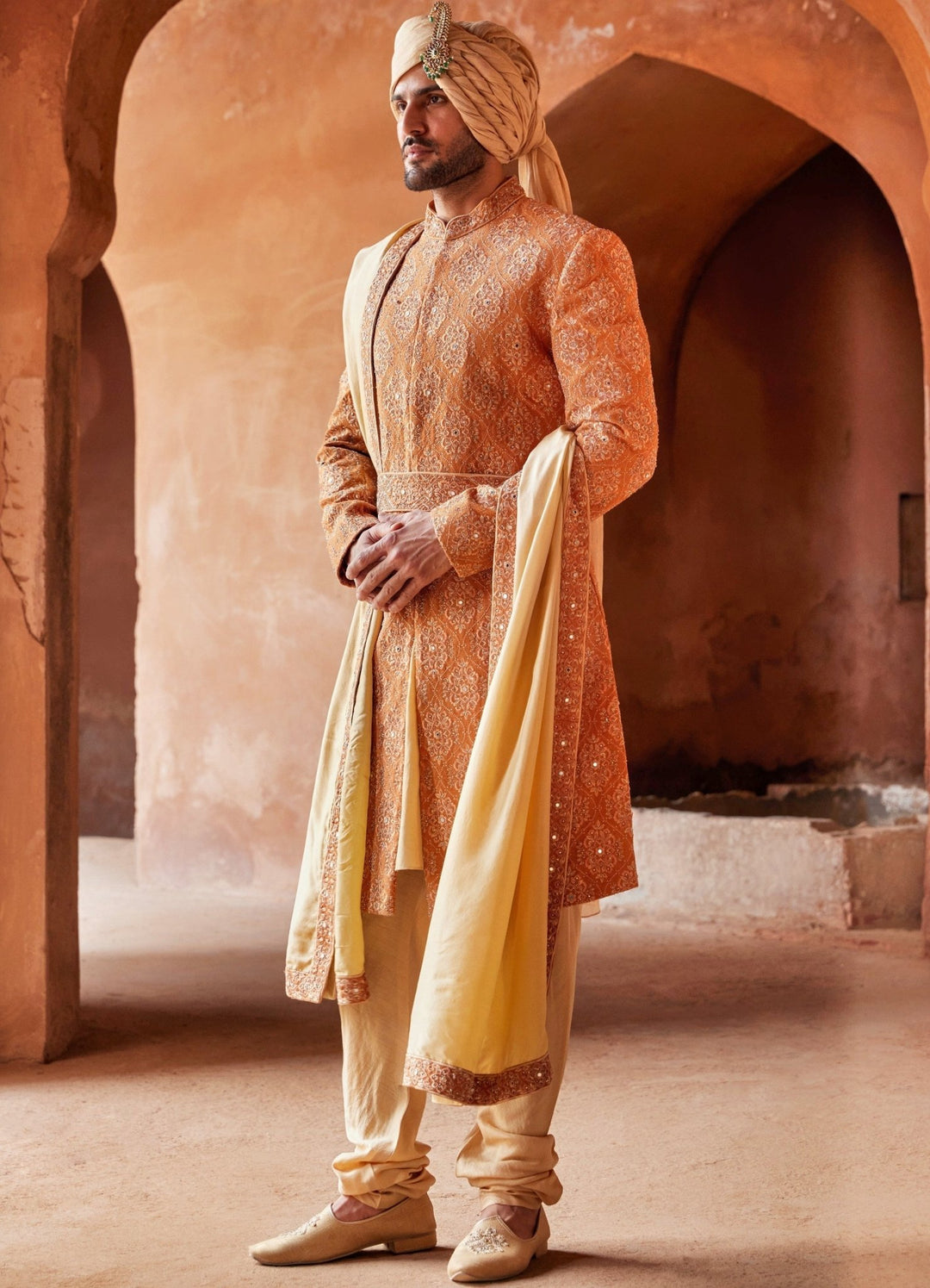 Rust Red Front Cut Silk Sherwani WIth Beige Kurta Set Nitika Gujral - Men - Fabilicious Fashion