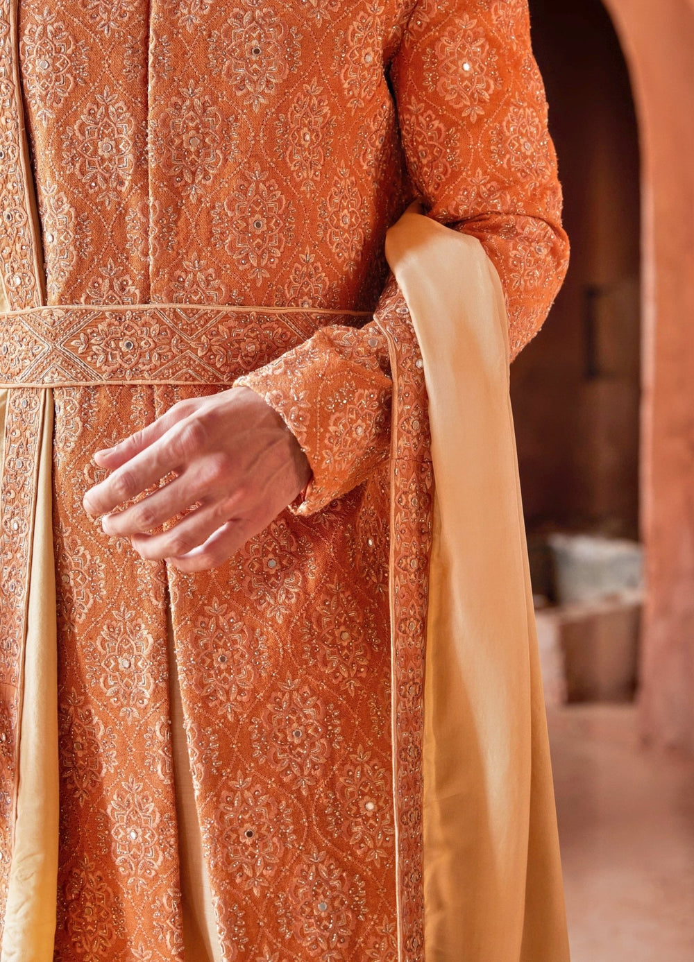 Rust Red Front Cut Silk Sherwani WIth Beige Kurta Set Nitika Gujral - Men - Fabilicious Fashion