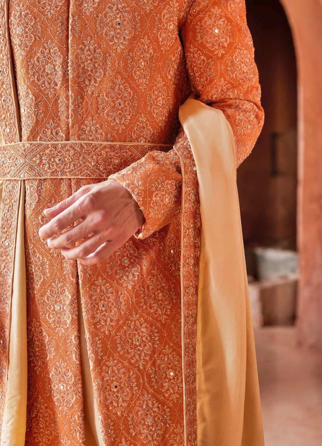 Rust Red Front Cut Silk Sherwani WIth Beige Kurta Set Nitika Gujral - Men - Fabilicious Fashion